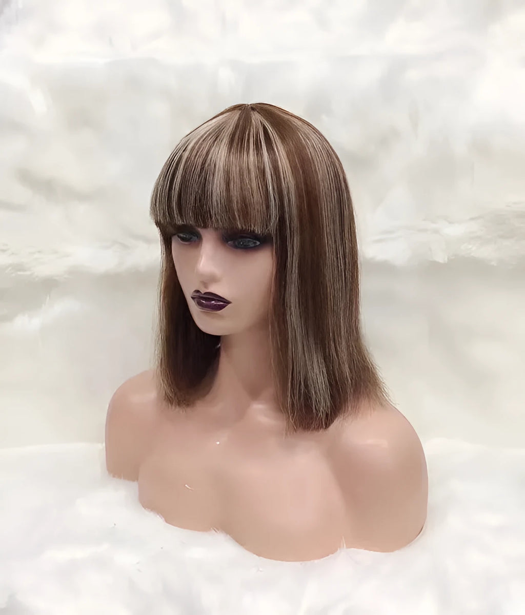 Full Mechanic 4 27 Bob human hair wig in brown with straight bangs and medium length
