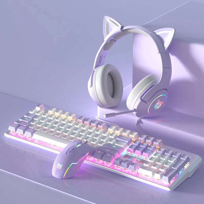 White and purple mechanical keyboard and mouse gaming combo with backlight
