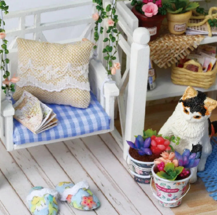 Wooden DIY miniature doll house kit with furniture pieces, available in style A and B.