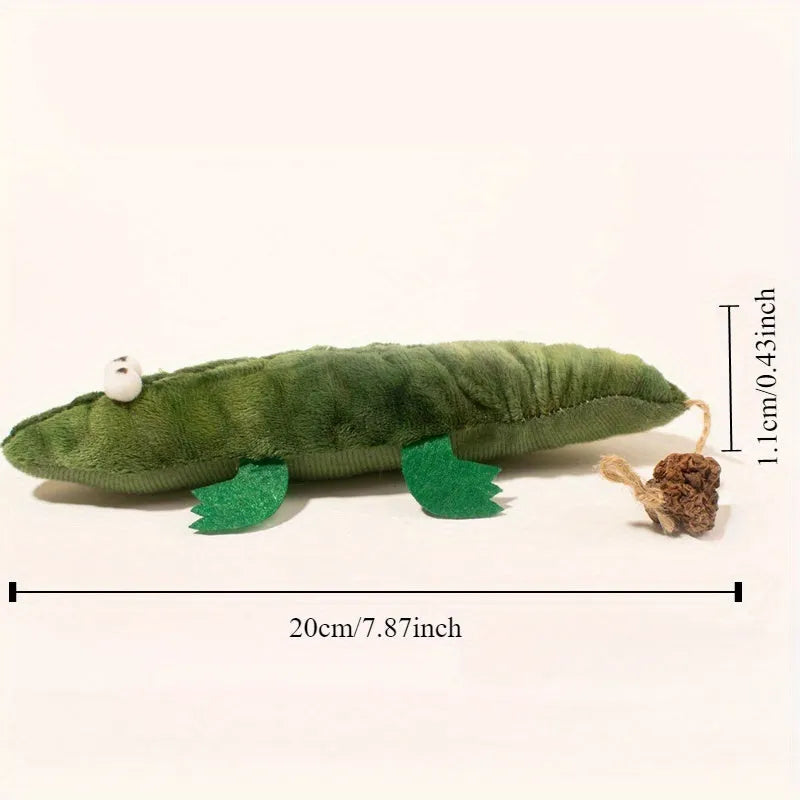 Green plush alligator cat toy measuring 30cm long with catnip pouch and peppermint scent