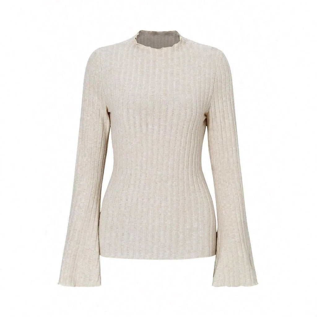 Long sleeve round neck pullover in black with lantern sleeves and a subtle sunken stripe pattern.