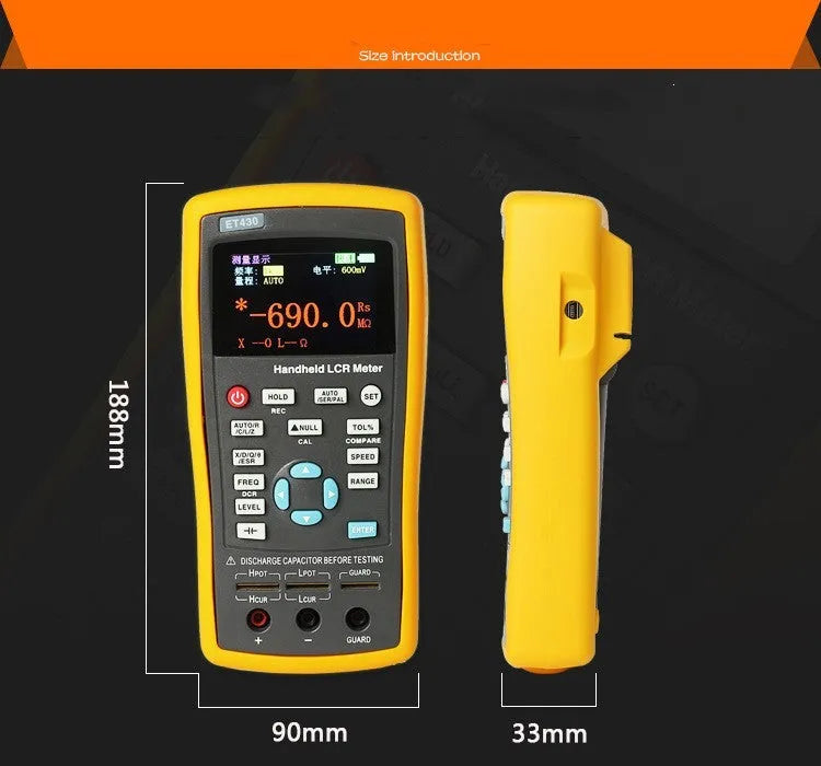ET432 handheld LCR digital bridge with 2.8 inch TFT LCD, 100Hz to 100kHz range, Kelvin test clamp.