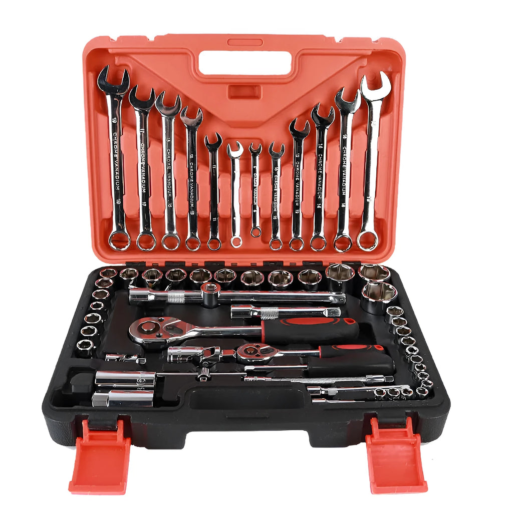 61-piece chrome vanadium steel socket wrench set with ratchets and extensions for auto repair.