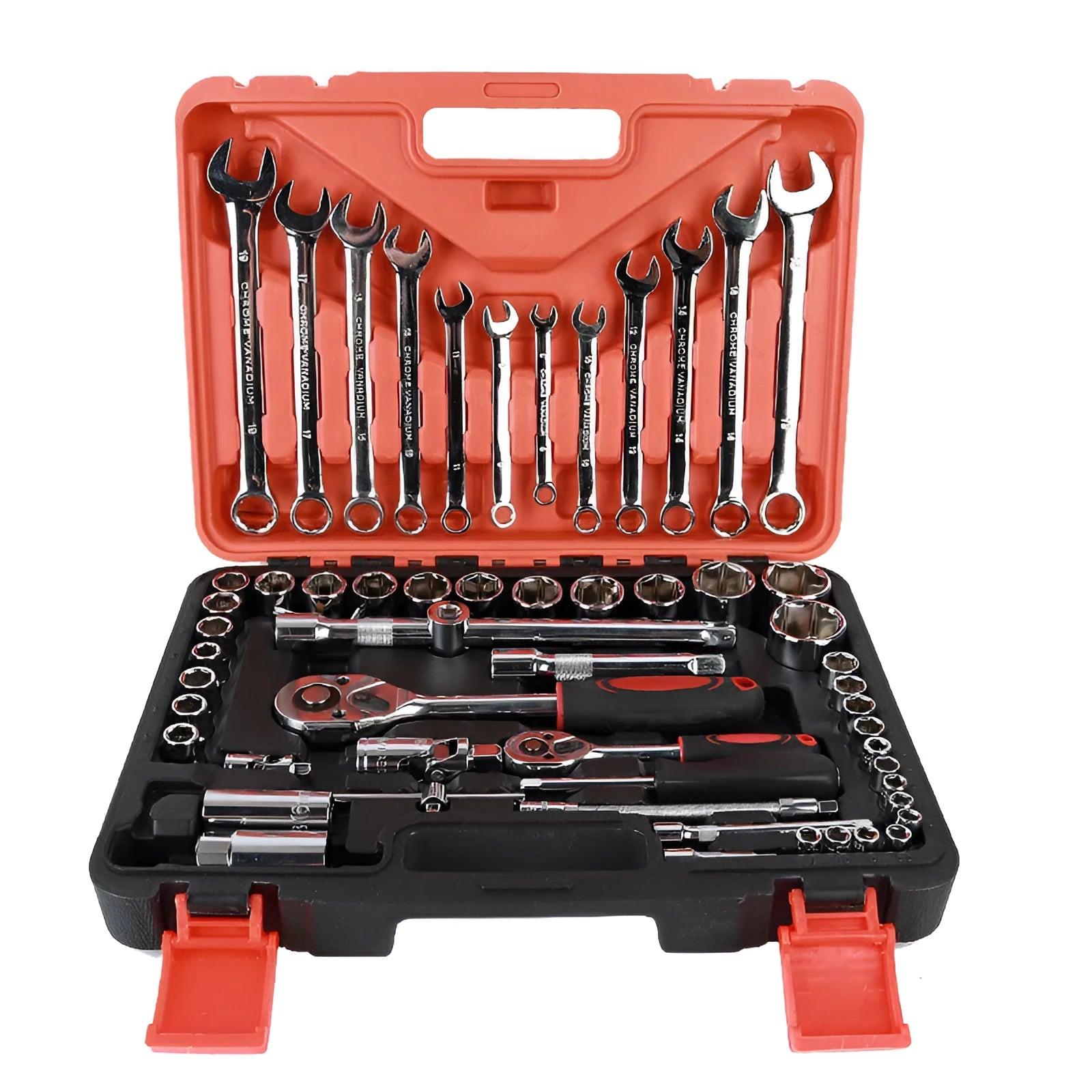 61-piece chrome vanadium steel socket wrench set with ratchets and extensions for auto repair.