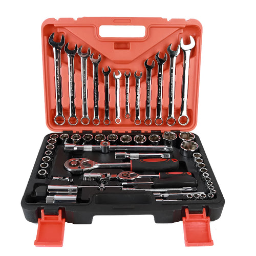 61-piece auto repair tool set with chrome vanadium steel sockets and wrenches for mechanical work