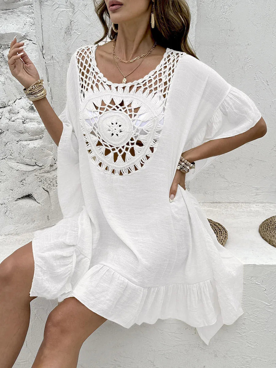 Beach crochet stitching dress swimsuit with patchwork skirt in apricot colour