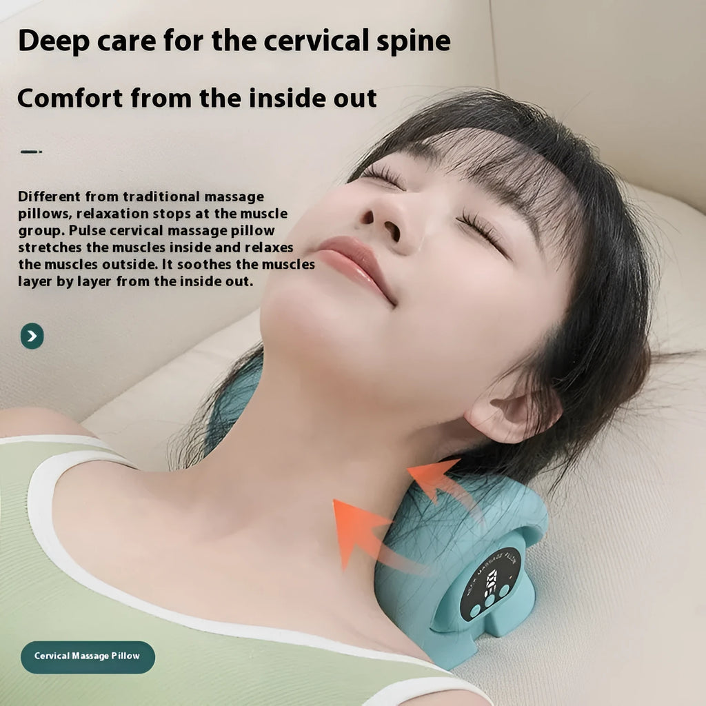 Blue-green cervical massage pillow with EMS pulse and hot compress functions