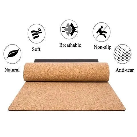 7 Chakra cork yoga mat, 183x68cm, with cork top and TPE or rubber base, rolled out on floor
