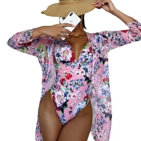 Women's floral pattern bikini three-piece swimsuit set with matching cover-up coat