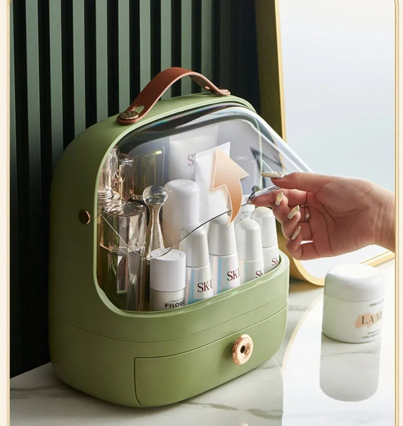 Desktop cosmetics storage box in PET hip material, dustproof, in green colour with lipsticks and blushes inside.