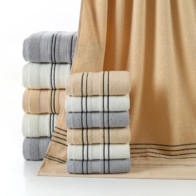 100% cotton towel set with white bath towel 70x140cm and face towel 34x74cm on bathroom rail