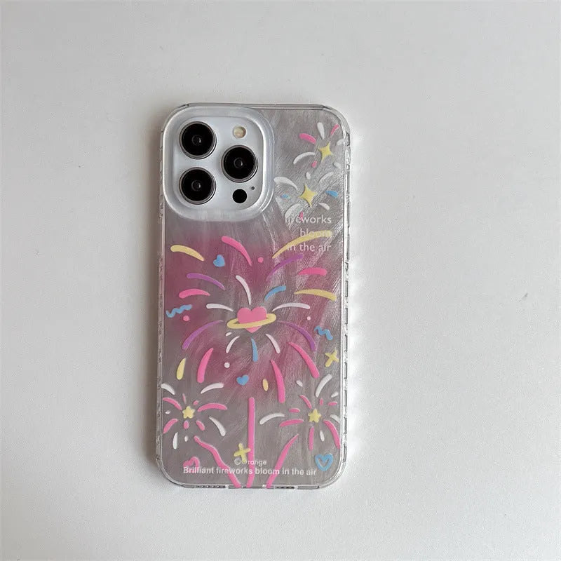 Double-layer TPU phone case with love fireworks print and feather yarn texture for iPhone