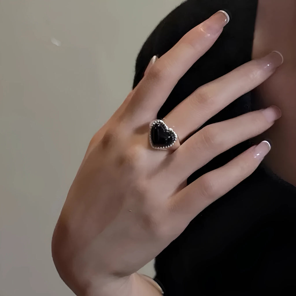S925 sterling silver heart ring with black agate stone and adjustable opening