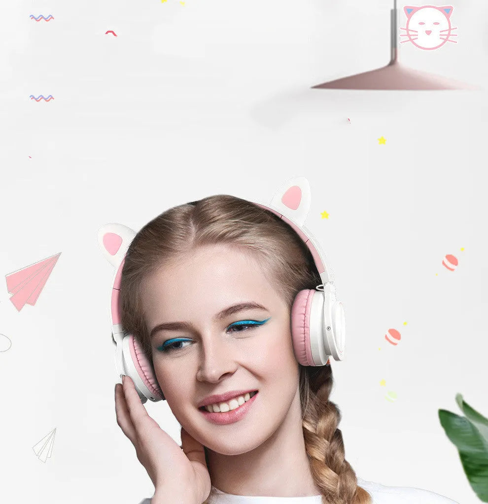 Pink and white luminous Bluetooth wireless headset with head-mounted design and 40mm speakers