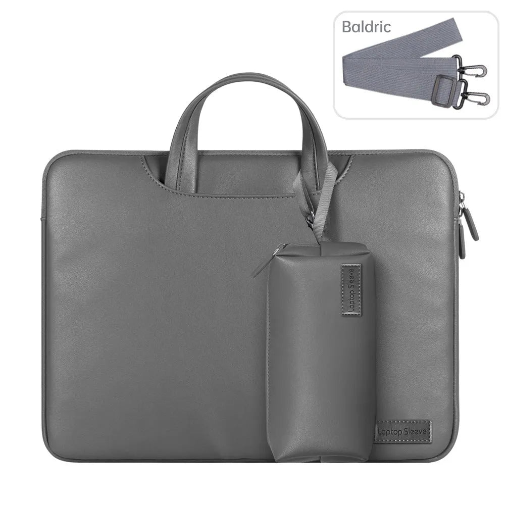 Shockproof waterproof PU laptop bag in black with shoulder strap and accessory bag for 15.6 inch laptop