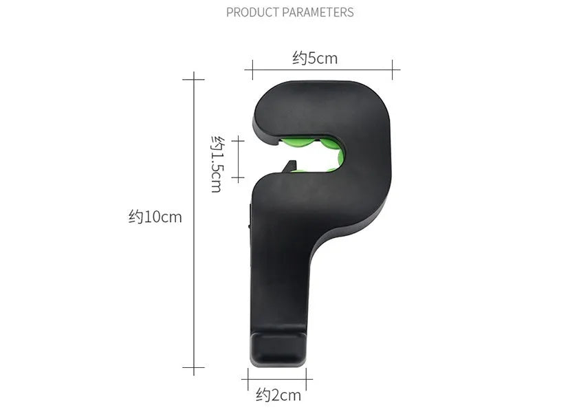 Pair of black plastic concealed car seat back hooks on a car seat back holding a bag