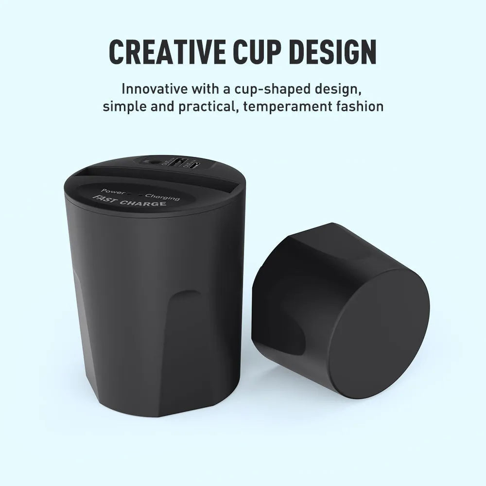 Black X9 car wireless charging cup holder mount with QI charging surface and USB/Type-C ports