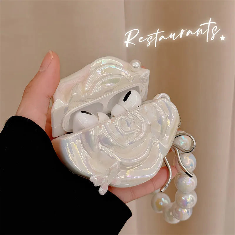 Laser pearlescent white camellia silicone earphone case for Apple AirPods with lanyard