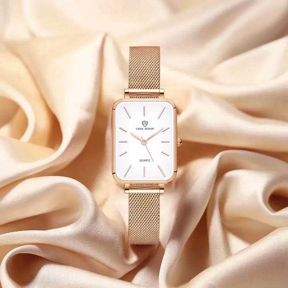Women's rose gold waterproof watch with a woven steel strap and quartz movement.