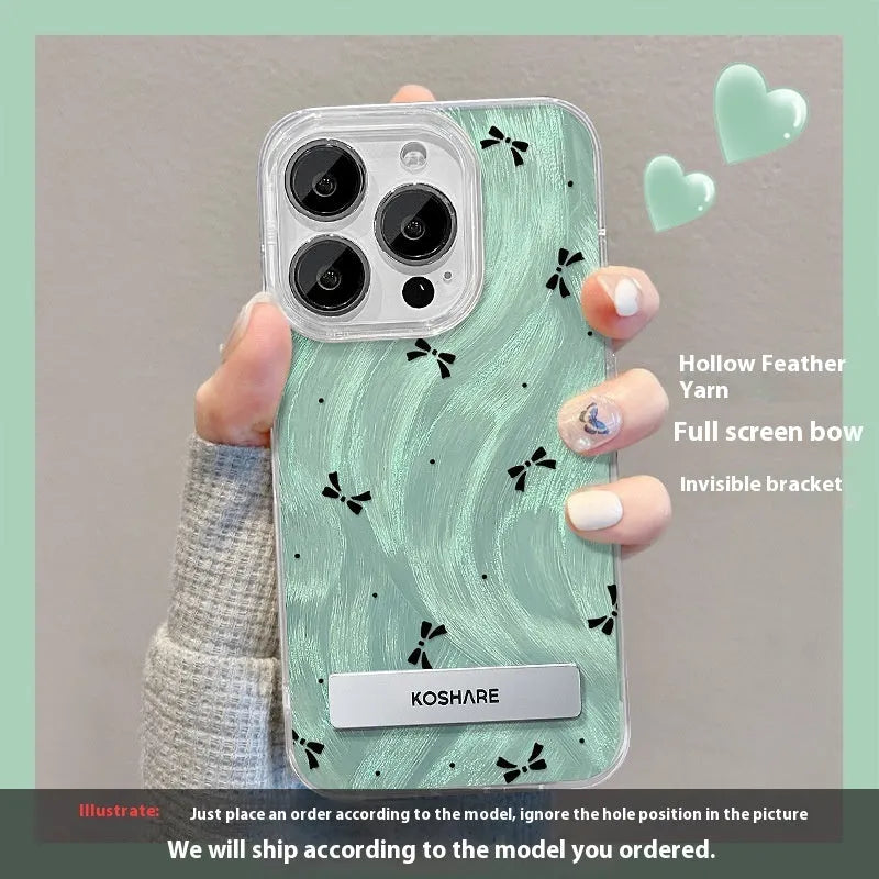 PC phone case for iPhone 15 with silver smudge star design and pop-out bracket on back