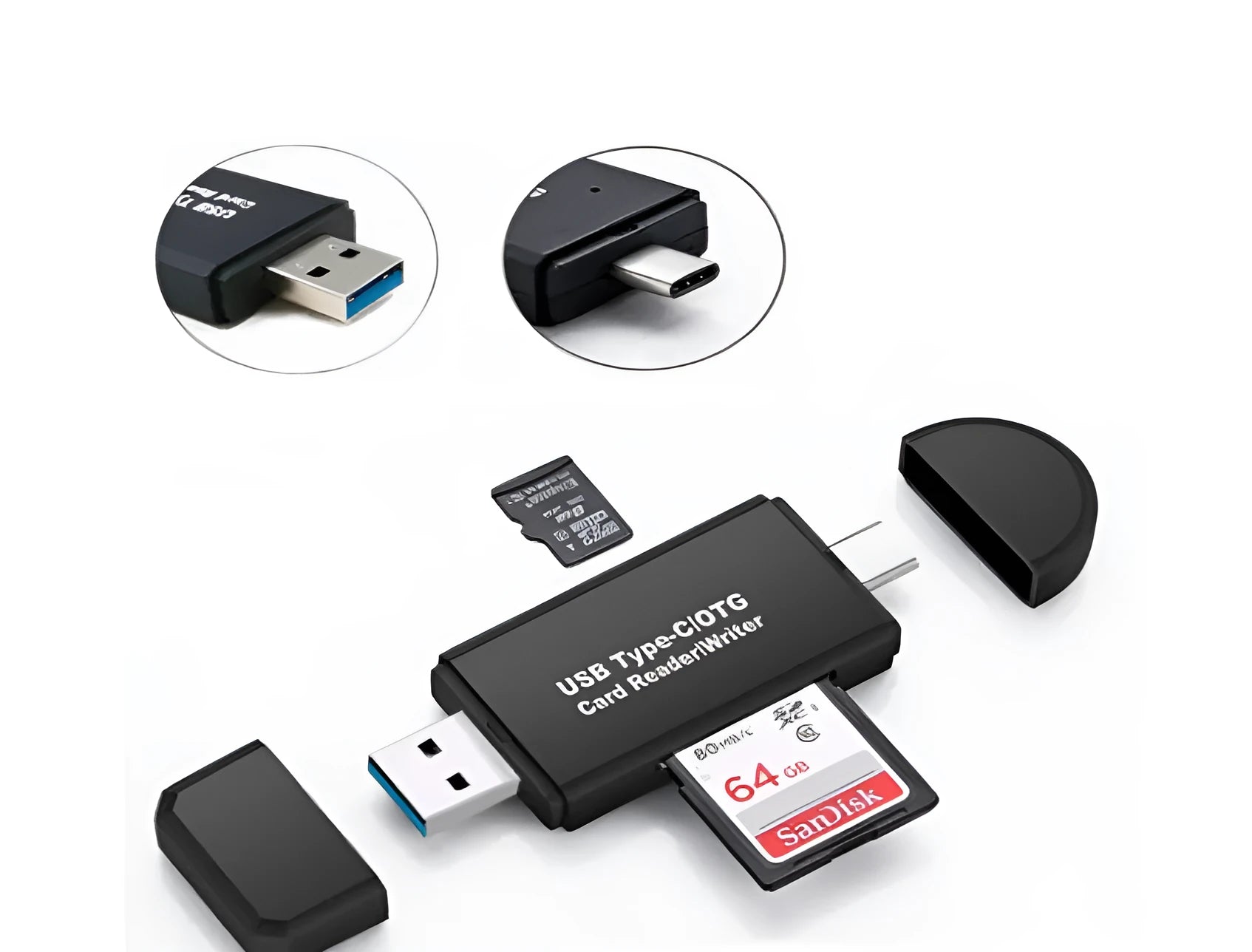 Black USB 3.0 card reader with USB-C connector for SD and TF memory cards