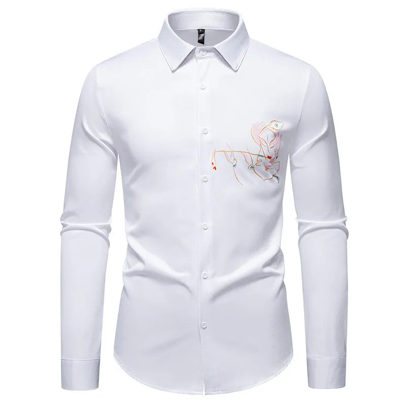 New Men's Long-sleeved Printed Casual Shirt in Polyester with Wool Lining and Slim Fit - Available in White, Black, Navy Blue - S to 2XL for Youth Adults Leisure Wear