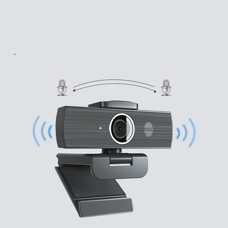 Black USB web camera with magnetic privacy cover on a 1.7 metre cable for 4K video conferencing.