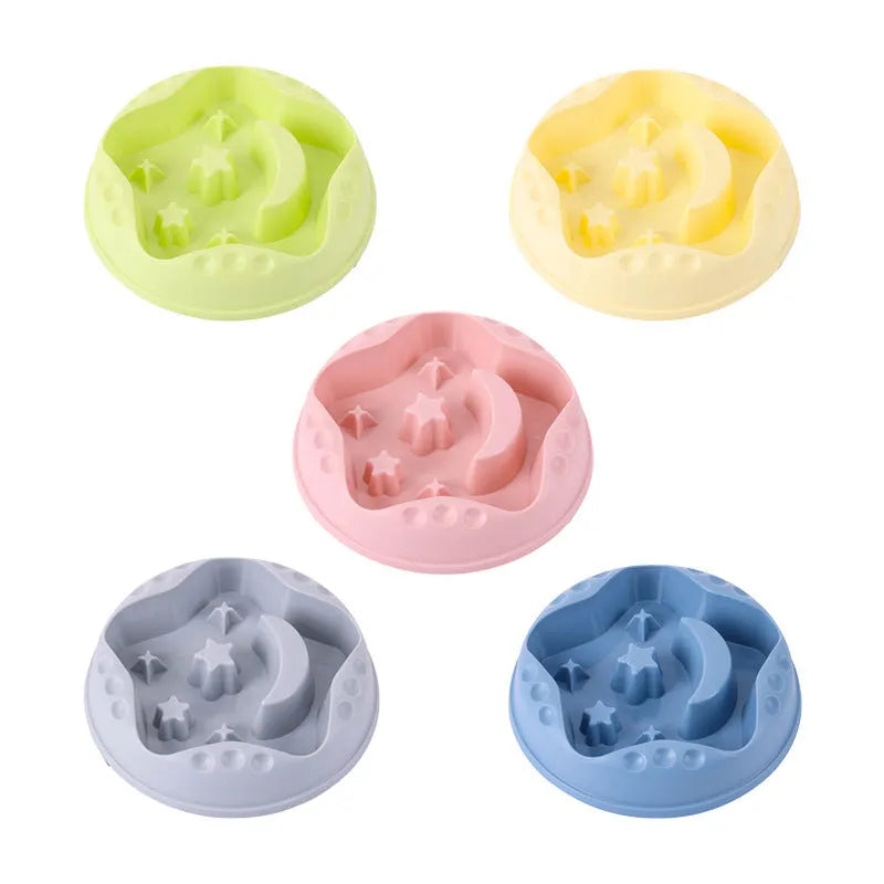 Moon Star Wings design large blue slow feeder dog bowl with raised centre on a white background