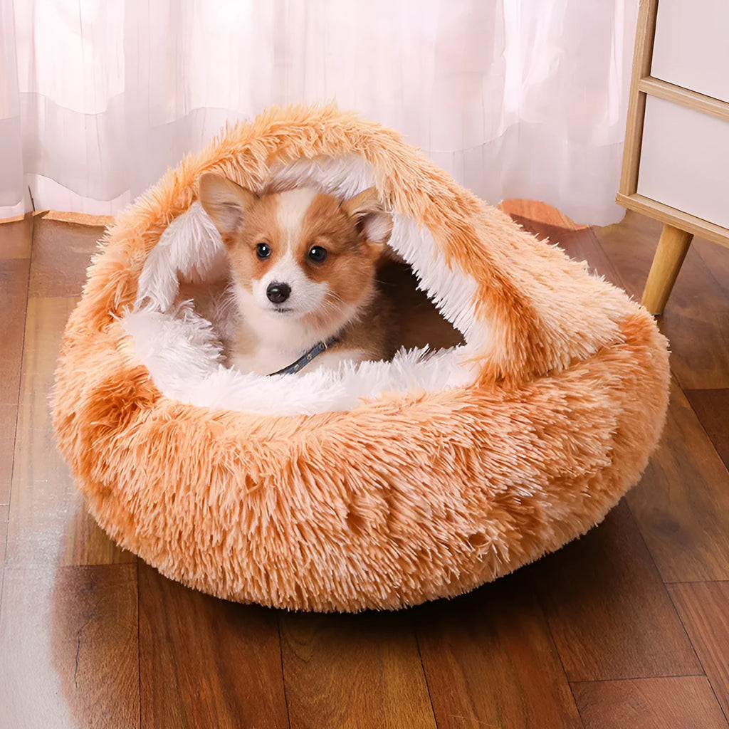Waterproof cloth dog kennel with semi-surrounded design shown in champagne colour