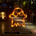 Seven Halloween LED window lights with spider, pumpkin, and ghost designs featuring suction cups for mounting