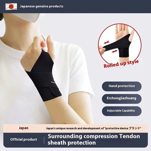 Black adjustable athletic wristguard shown on a wrist, suitable for badminton, tennis, and volleyball.