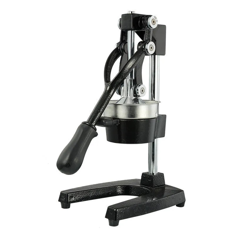 Black and white cast iron manual citrus juicer with stainless steel strainer, 40cm tall