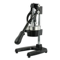 Black and white cast iron manual citrus juicer with stainless steel strainer, 40cm tall