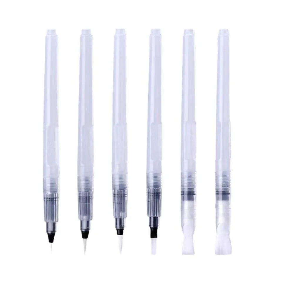 Six-piece watercolor pen set with pointed and flat tips in assorted sizes, plastic body