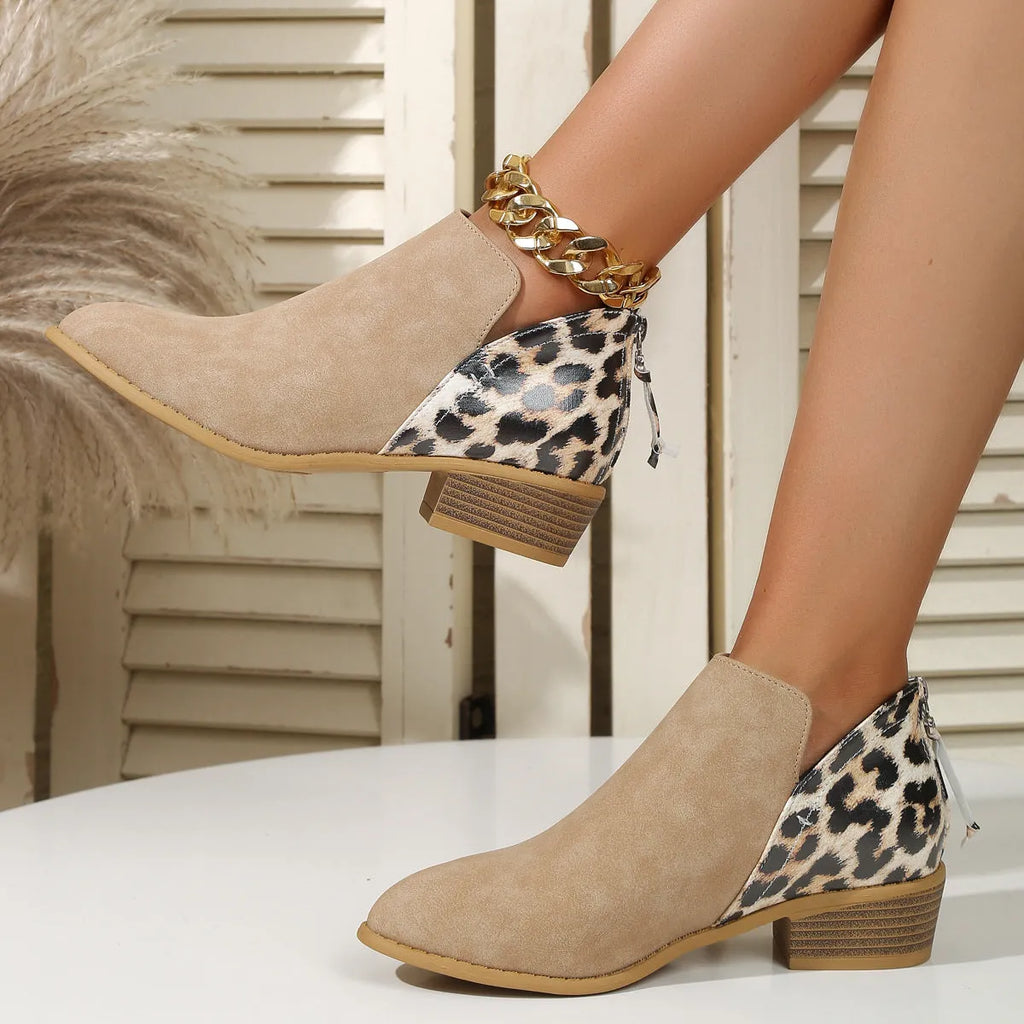 Women's leopard print pointed toe chunky heel boots in brown suede with back zipper