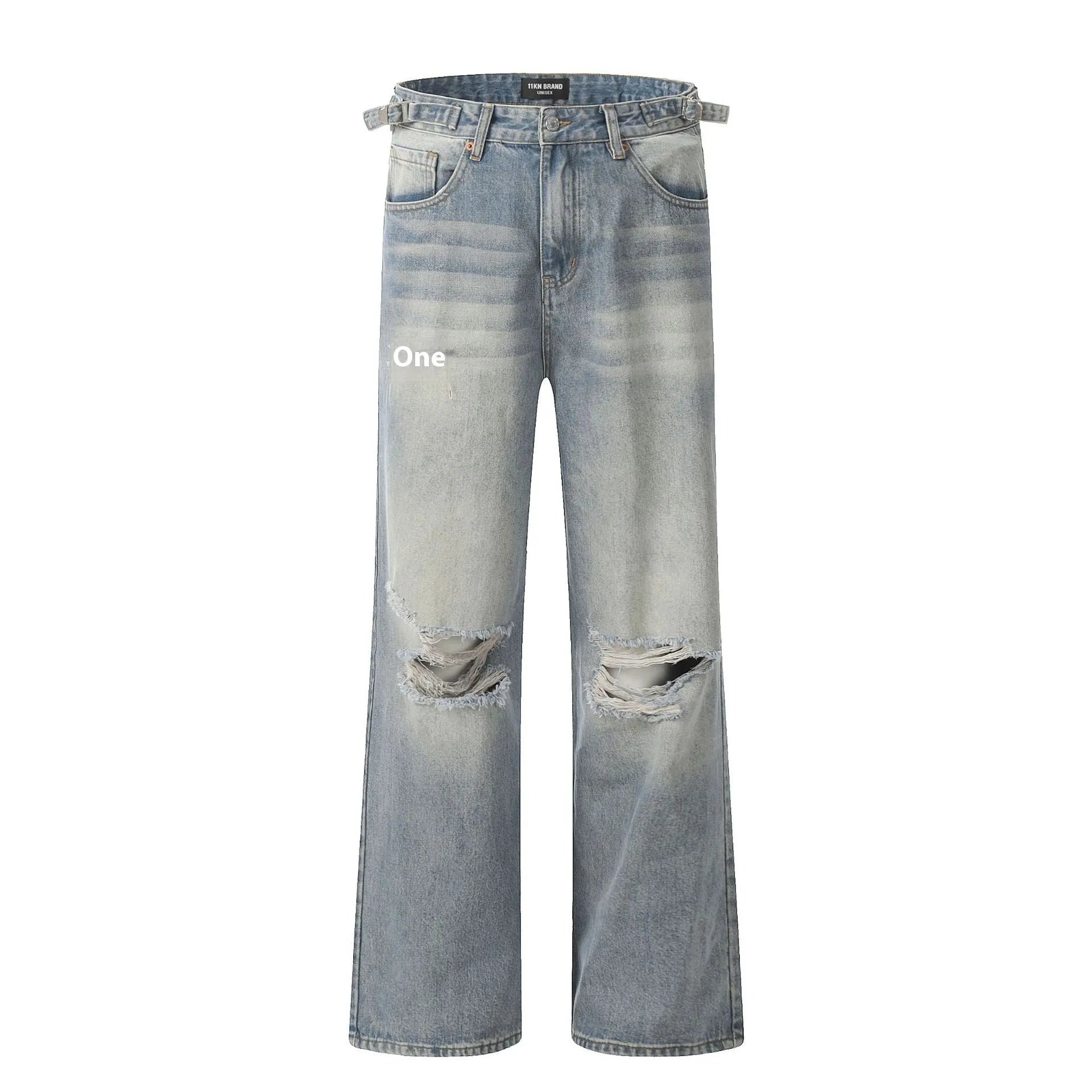 Men's blue distressed straight-leg retro jeans with a zip fly on a plain background.