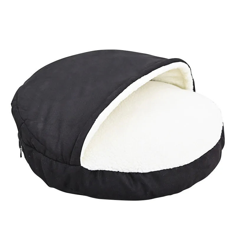 Brown cloth dog kennel with removable cushion for a medium-sized dog