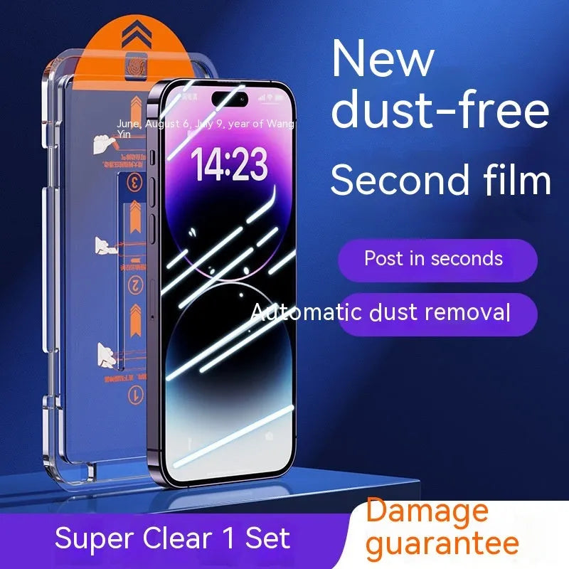 iPhone tempered glass screen protector with dust-free warehouse design showing HD and privacy options