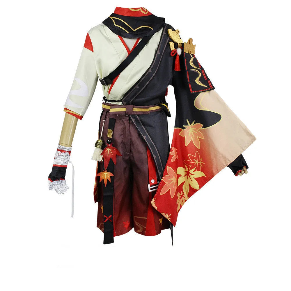 Halloween cosplay costume set with wig, coat, shorts, leggings, gloves, and accessories in cotton-polyester blend.