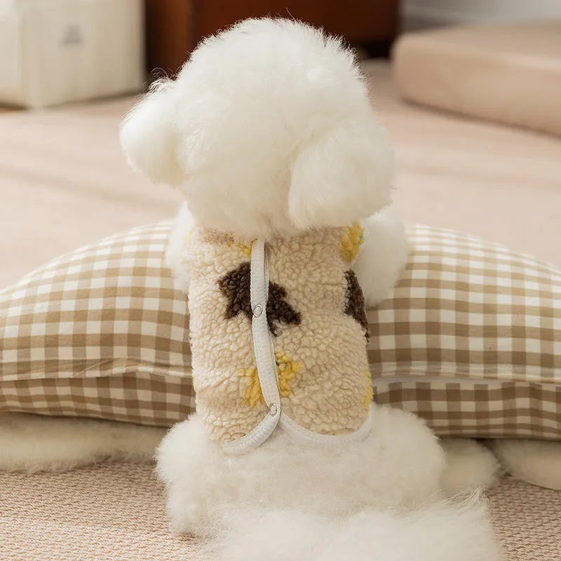 White teddy bear printed Sherpa fleece dog vest with QQ button closure for small and medium pets