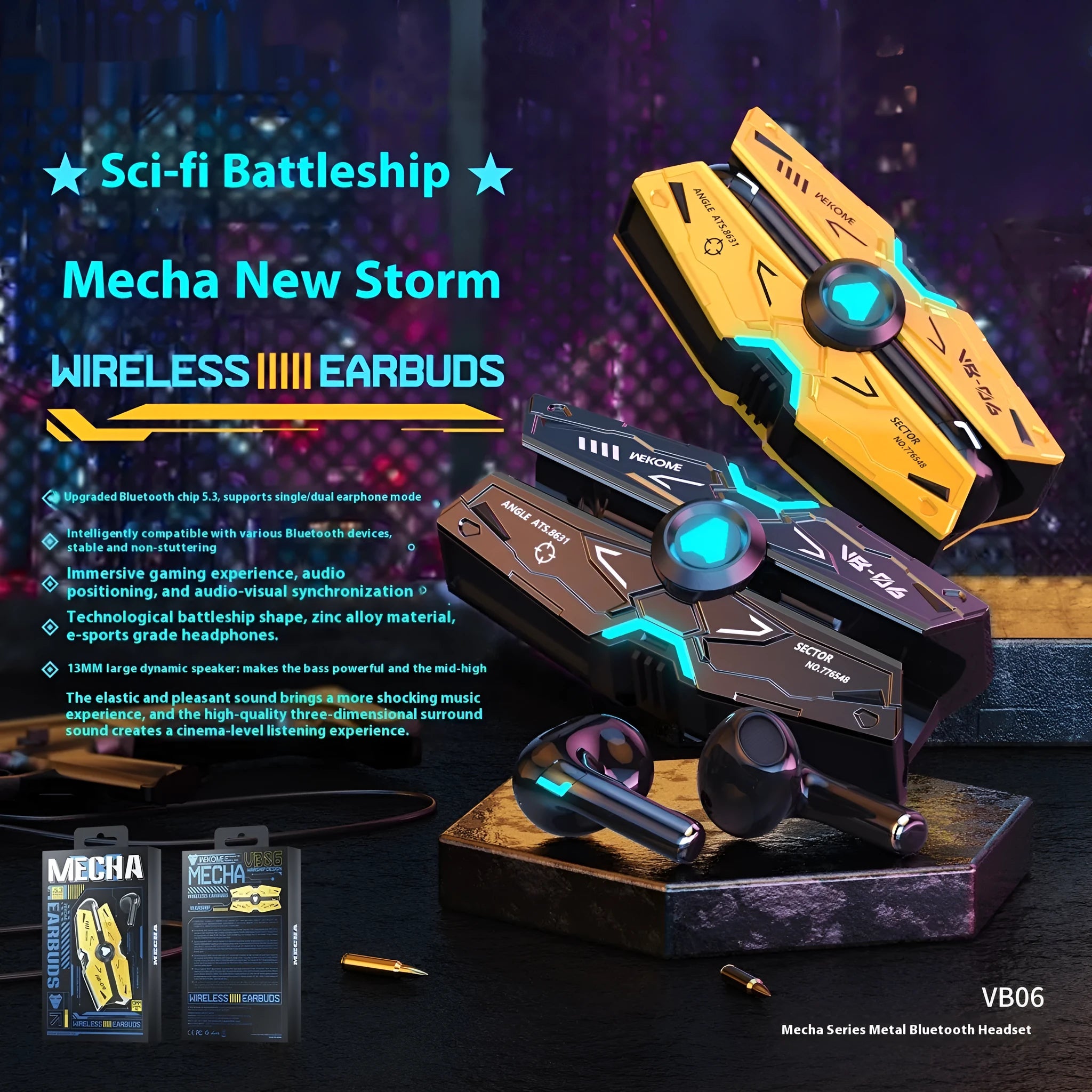 Mech Battleship three-generation alloy Bluetooth headset in tarnish colour, creative design