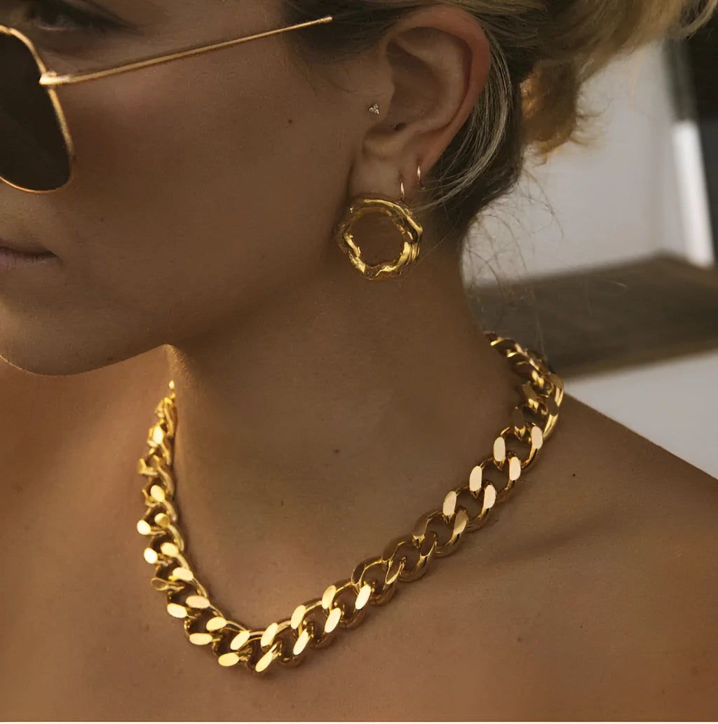 Titanium steel Cuban chain necklace with heart pendant, 45cm length, 15mm width, gold colour