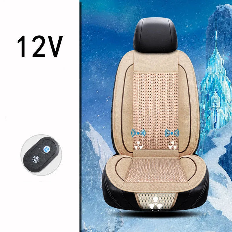 Black minimalist car ventilation seat cushion with power cord on a car seat.