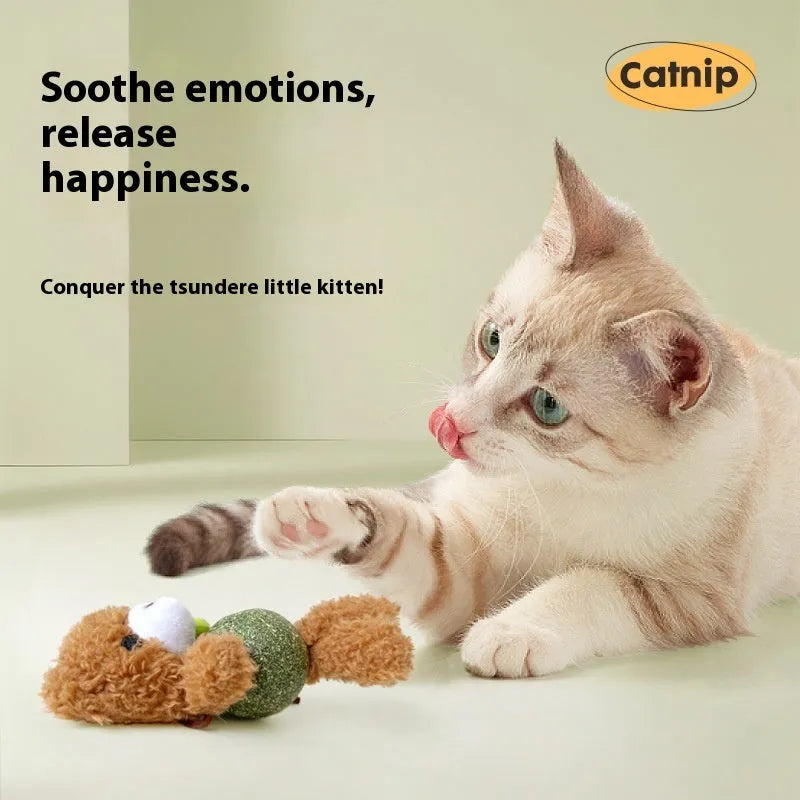 Brown bear plush catnip toy with mint ball centre and bell for feline dental care and play
