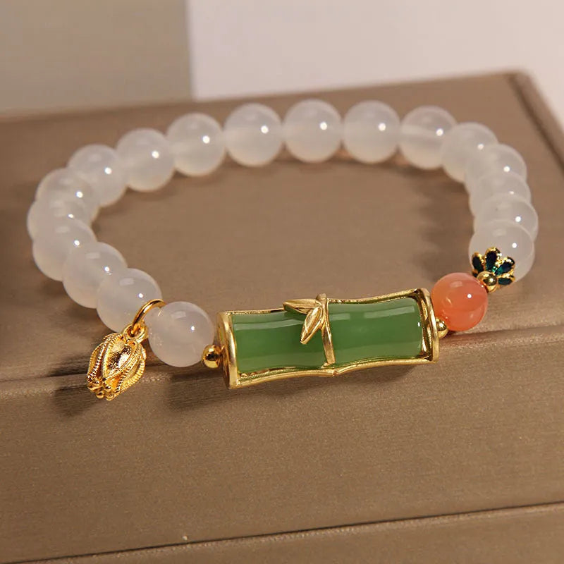 White agate jade bamboo bracelet with Chinese retro design for women