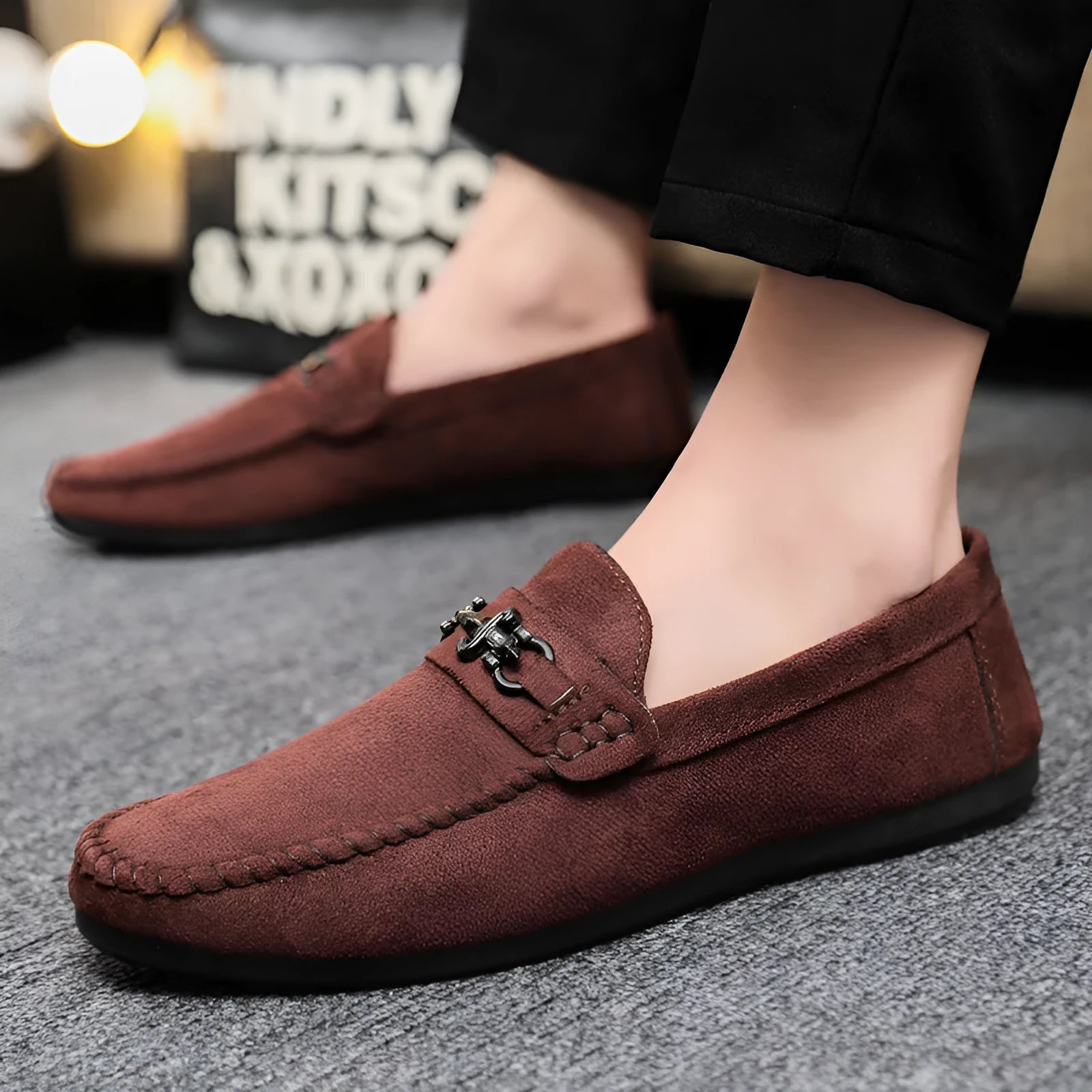 Men's black and brown waterproof PU leather slip-on loafers with rubber soles