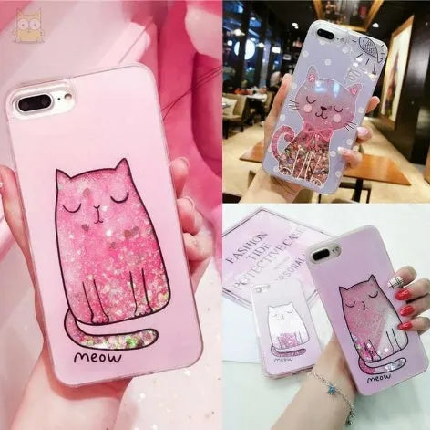 Glittery cat-themed protective case for iPhone models 6 through X.