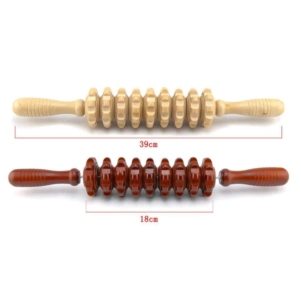 Wooden roller muscle massager stick 39 cm with steel shaft for full body use