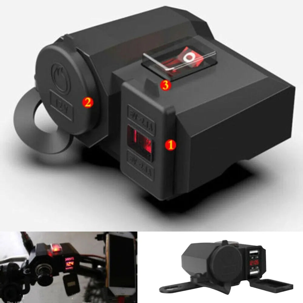 Black dual USB waterproof motorcycle charger with voltmeter and cigarette lighter mounted on handlebar
