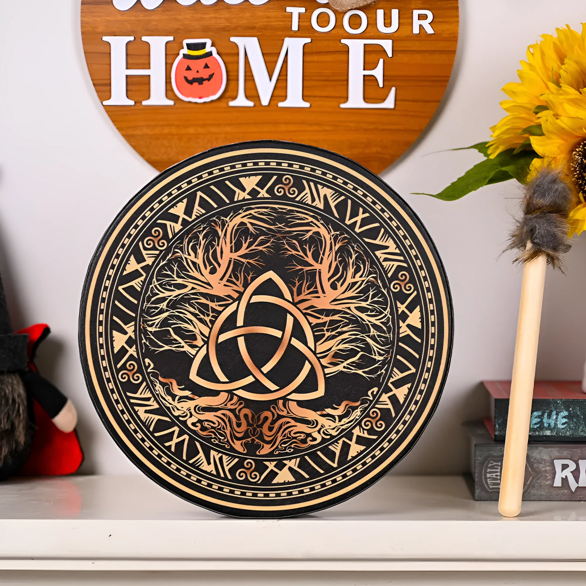 25cm Chinese ornamental drum with tree of life flower design, including drum hammer